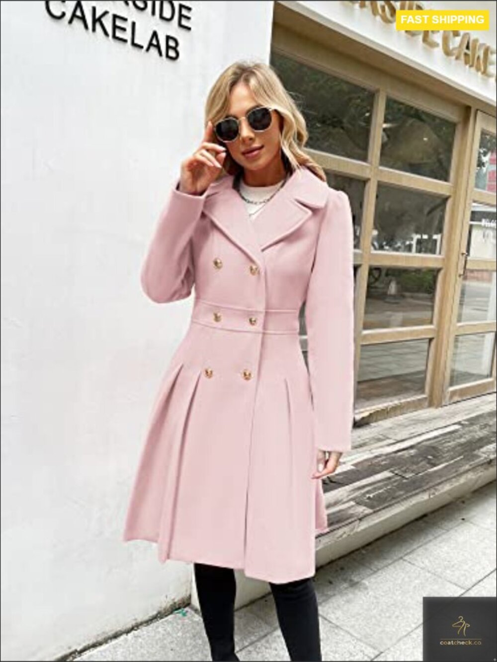 Classic Trench Coat Notch Lapel Double Breasted A-Line Pea Jacket with Pockets - Picture 2 of 7
